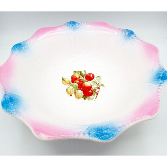 Serving Bowl SC Co Akron Pink Blue Scalloped Edge Cherries 10.5" 1940s Antique - Picture 5 of 15